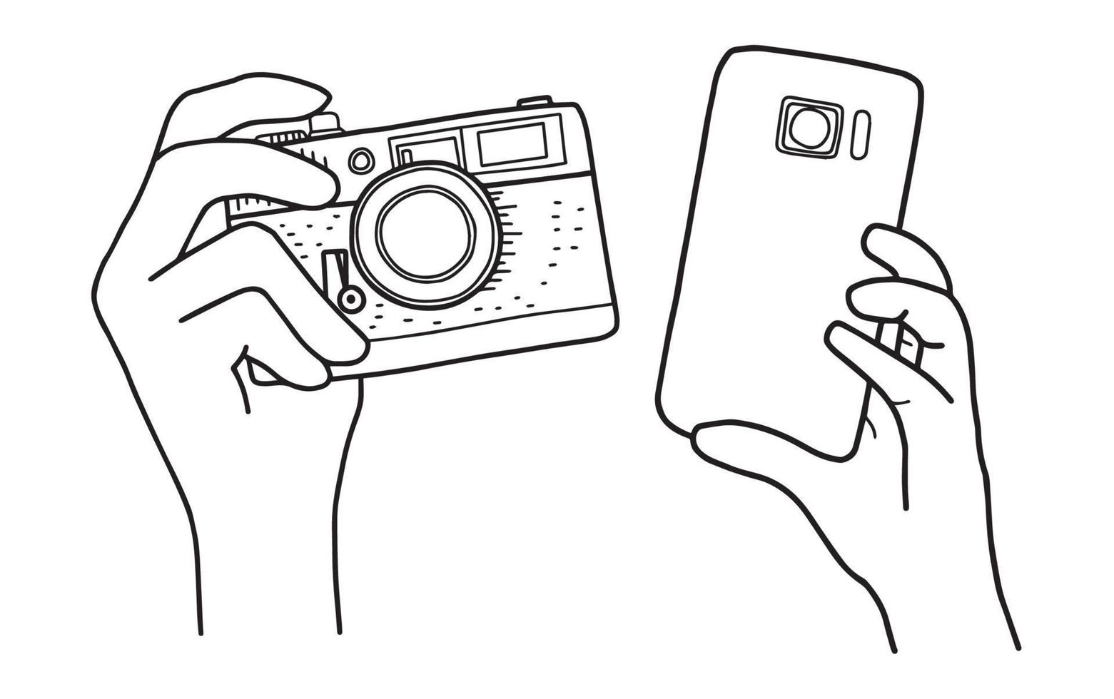mains tenant un appareil photo et un smartphone. illustration de dessin à la main. vecteur