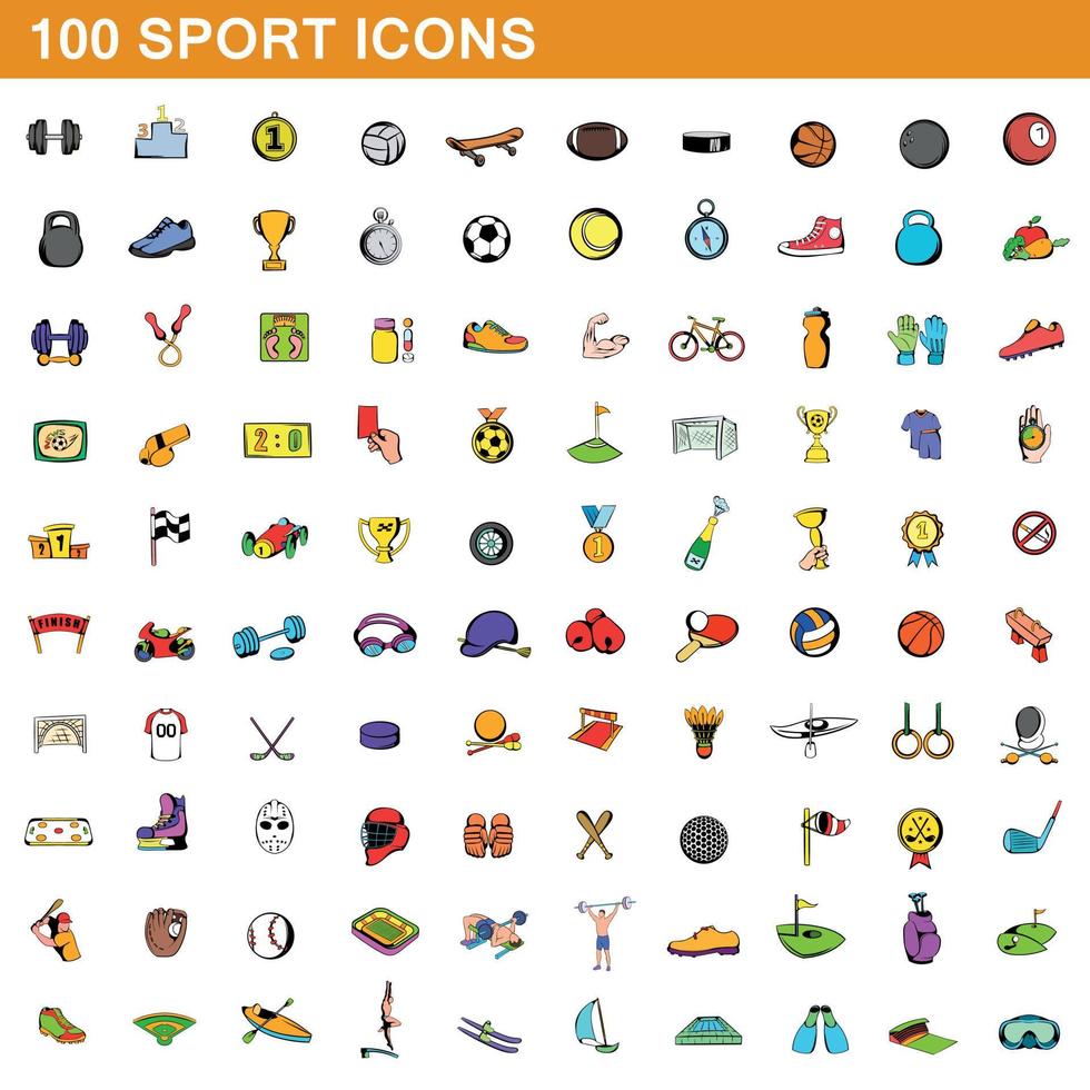 Ensemble de 100 icônes de sport, style cartoon vecteur