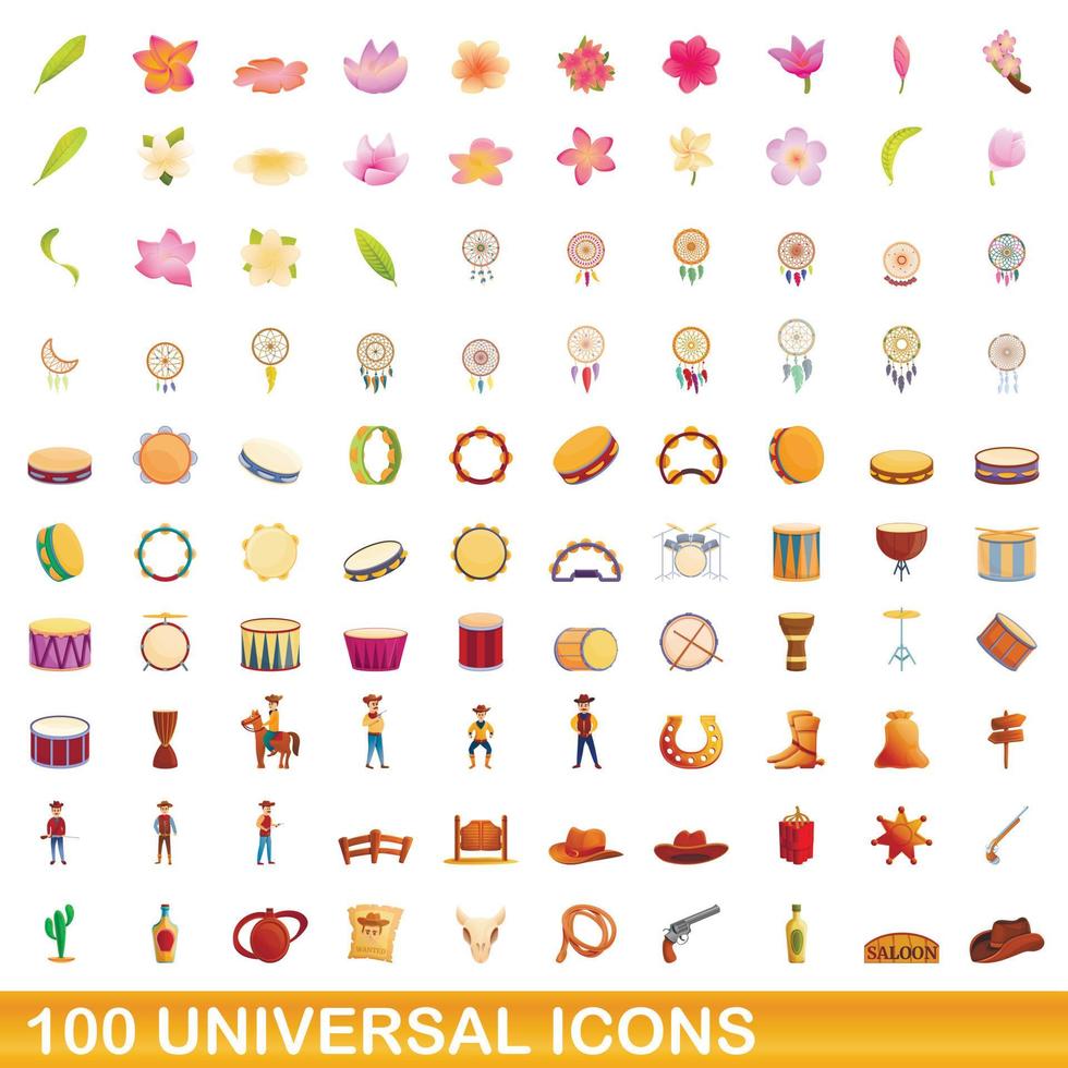 Ensemble de 100 icônes universelles, style dessin animé vecteur