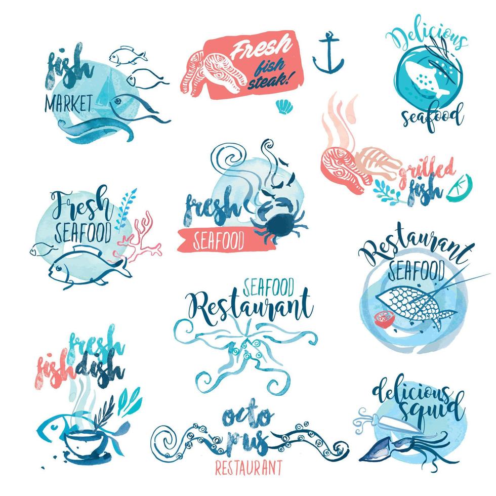 ensemble d'étiquettes aquarelles dessinées à la main et de signes de fruits de mer. illustrations vectorielles pour le menu, la nourriture et les boissons, le restaurant et le marché aux poissons. vecteur