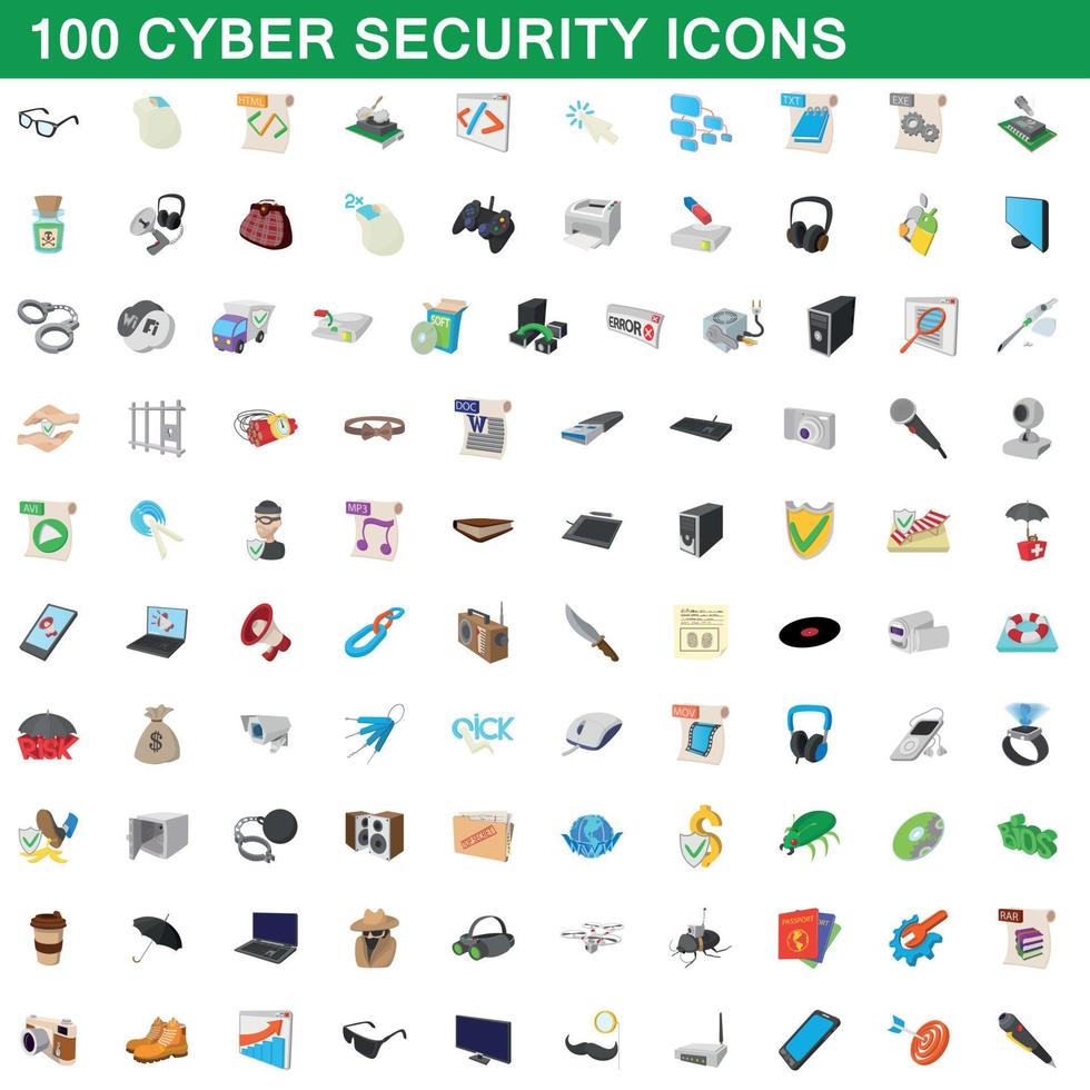 Ensemble de 100 icônes de cybersécurité, style dessin animé vecteur