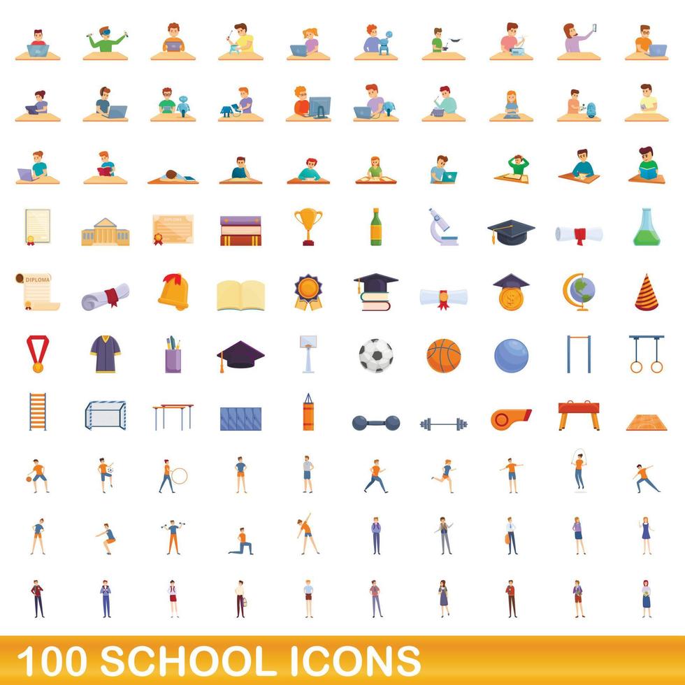 Ensemble de 100 icônes d'école, style cartoon vecteur