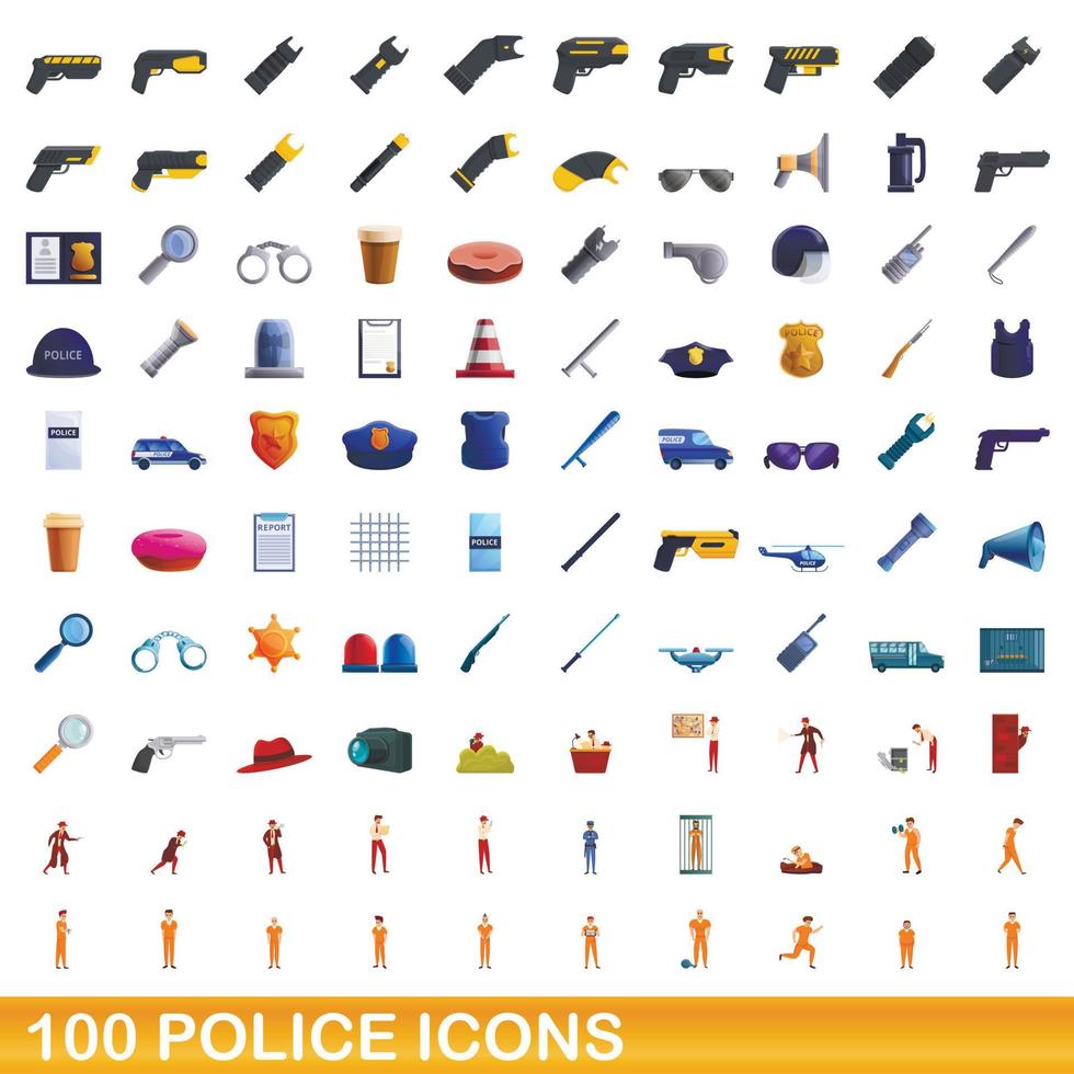 Ensemble de 100 icônes de police, style dessin animé vecteur