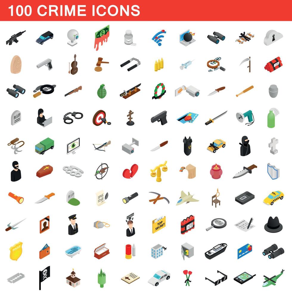 Ensemble de 100 icônes de crime, style 3d isométrique vecteur
