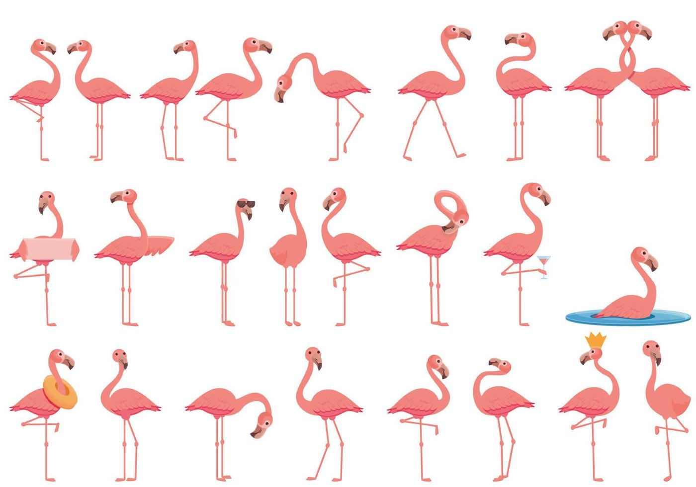 jeu d'icônes de flamant rose, style dessin animé vecteur