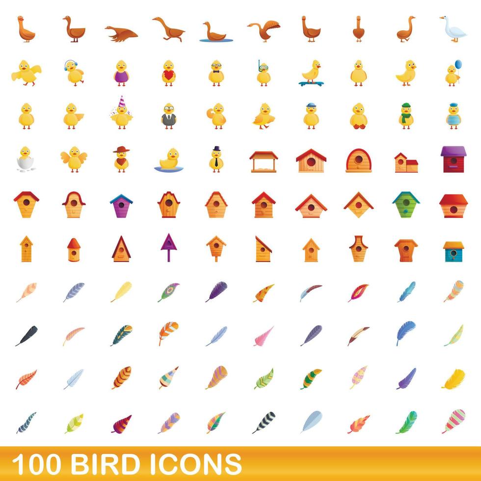 Ensemble de 100 icônes d'oiseaux, style dessin animé vecteur