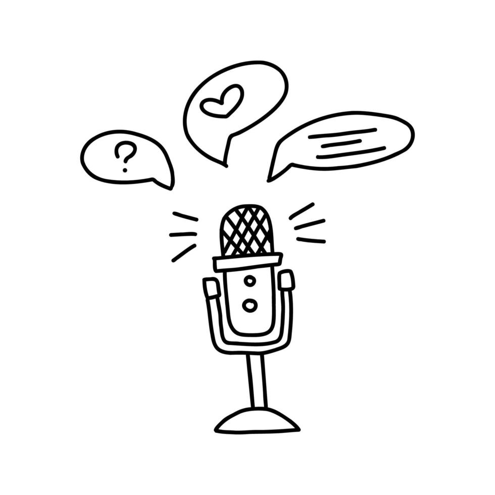 icône de microphone multimédia pour podcast et diffusion radio dans le style doodle vecteur