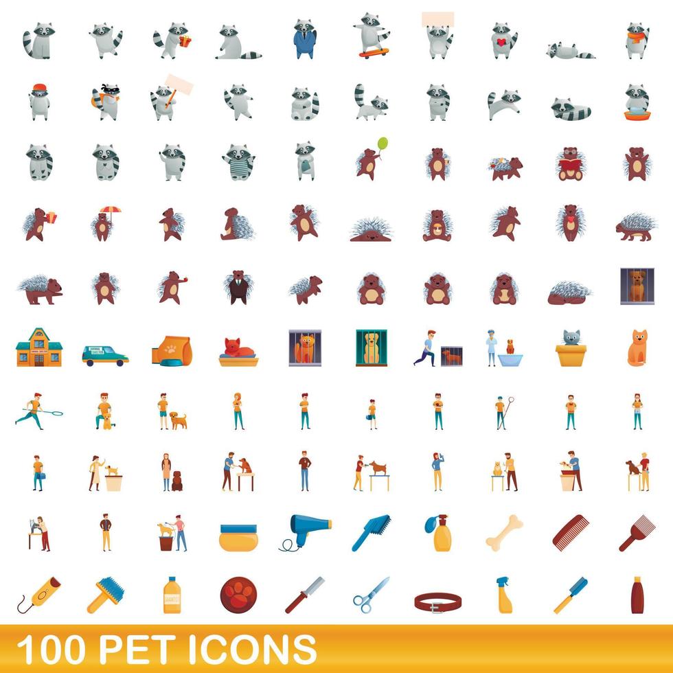 Ensemble de 100 icônes pour animaux de compagnie, style dessin animé vecteur