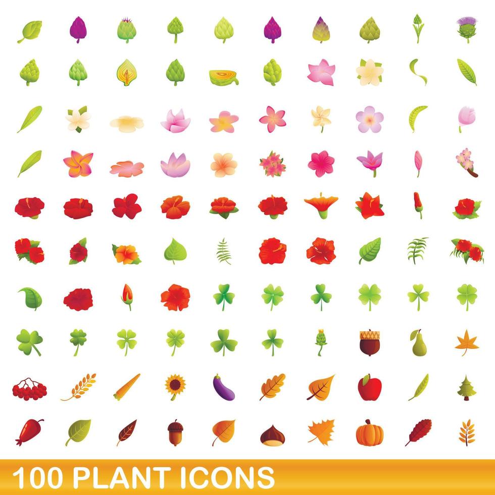 Ensemble de 100 icônes de plantes, style dessin animé vecteur