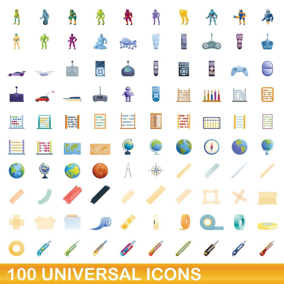 Ensemble de 100 icônes universelles, style dessin animé vecteur