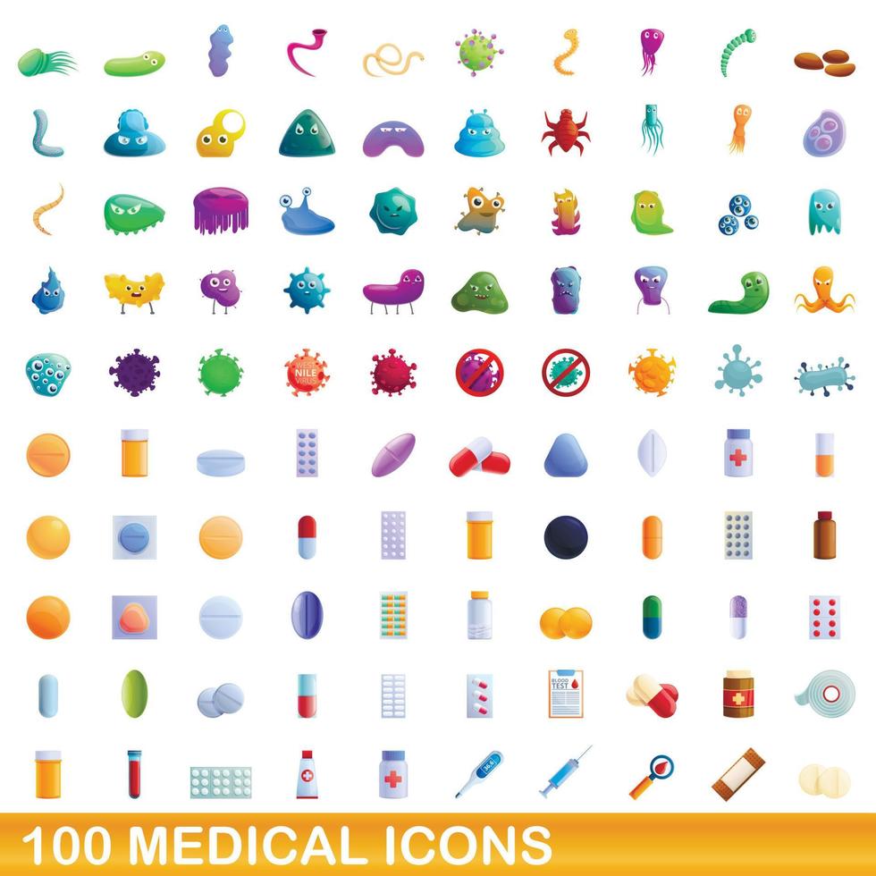 Ensemble de 100 icônes médicales, style cartoon vecteur