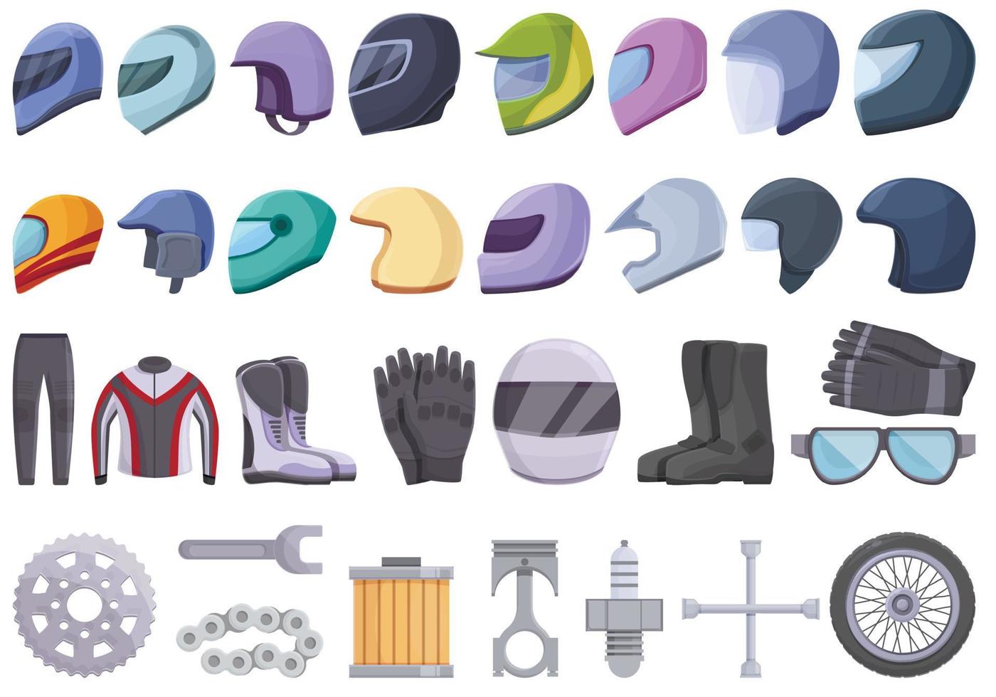 icônes d'équipement de moto définies vecteur de dessin animé. veste de casque