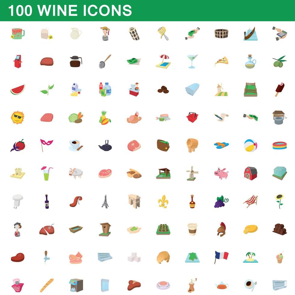 Ensemble de 100 icônes de vin, style cartoon vecteur