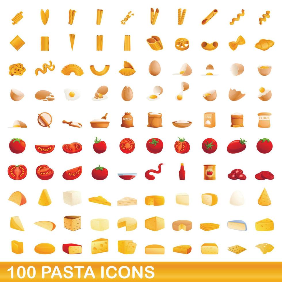 Ensemble de 100 icônes de pâtes, style cartoon vecteur