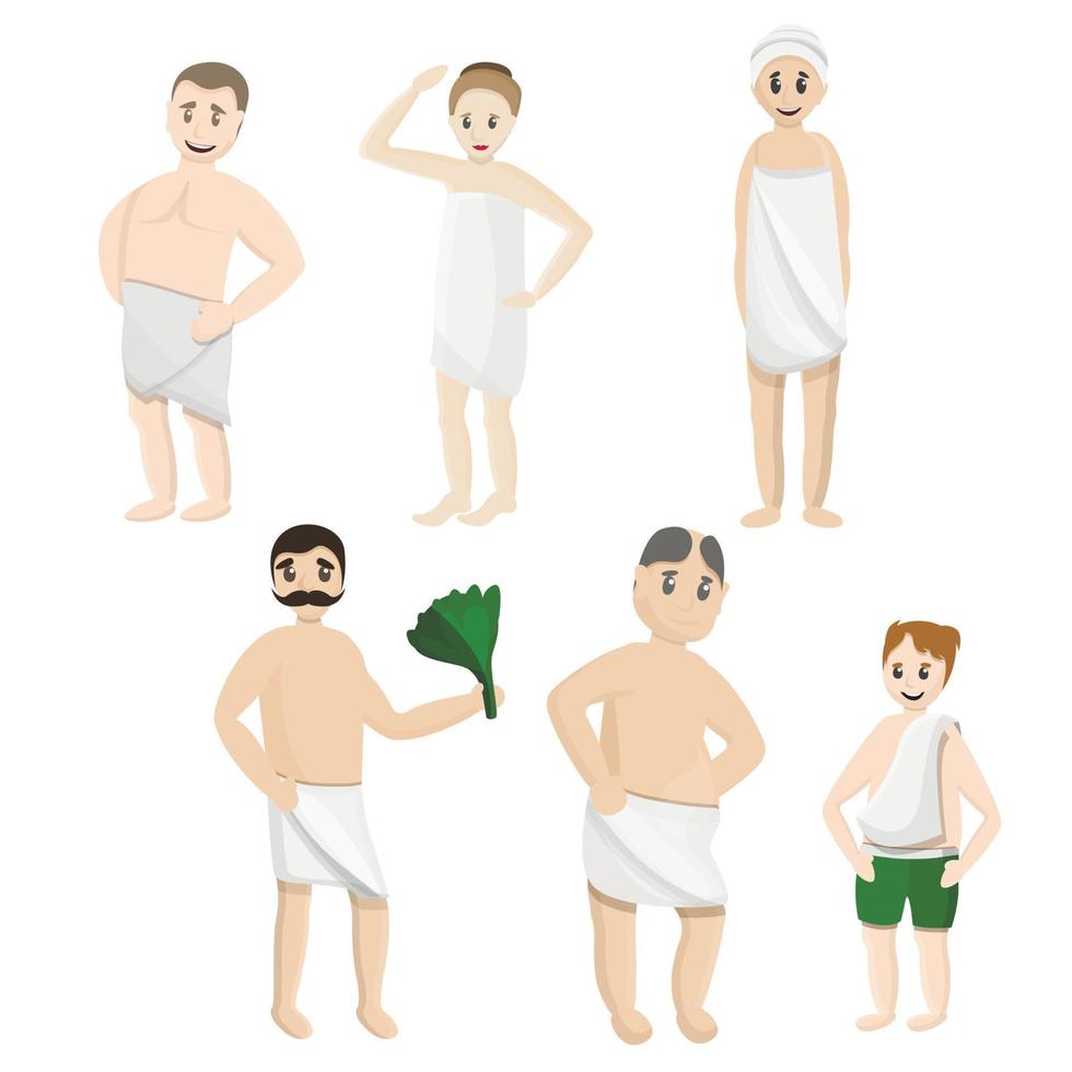 jeu d'icônes de serviette de bain, style cartoon vecteur