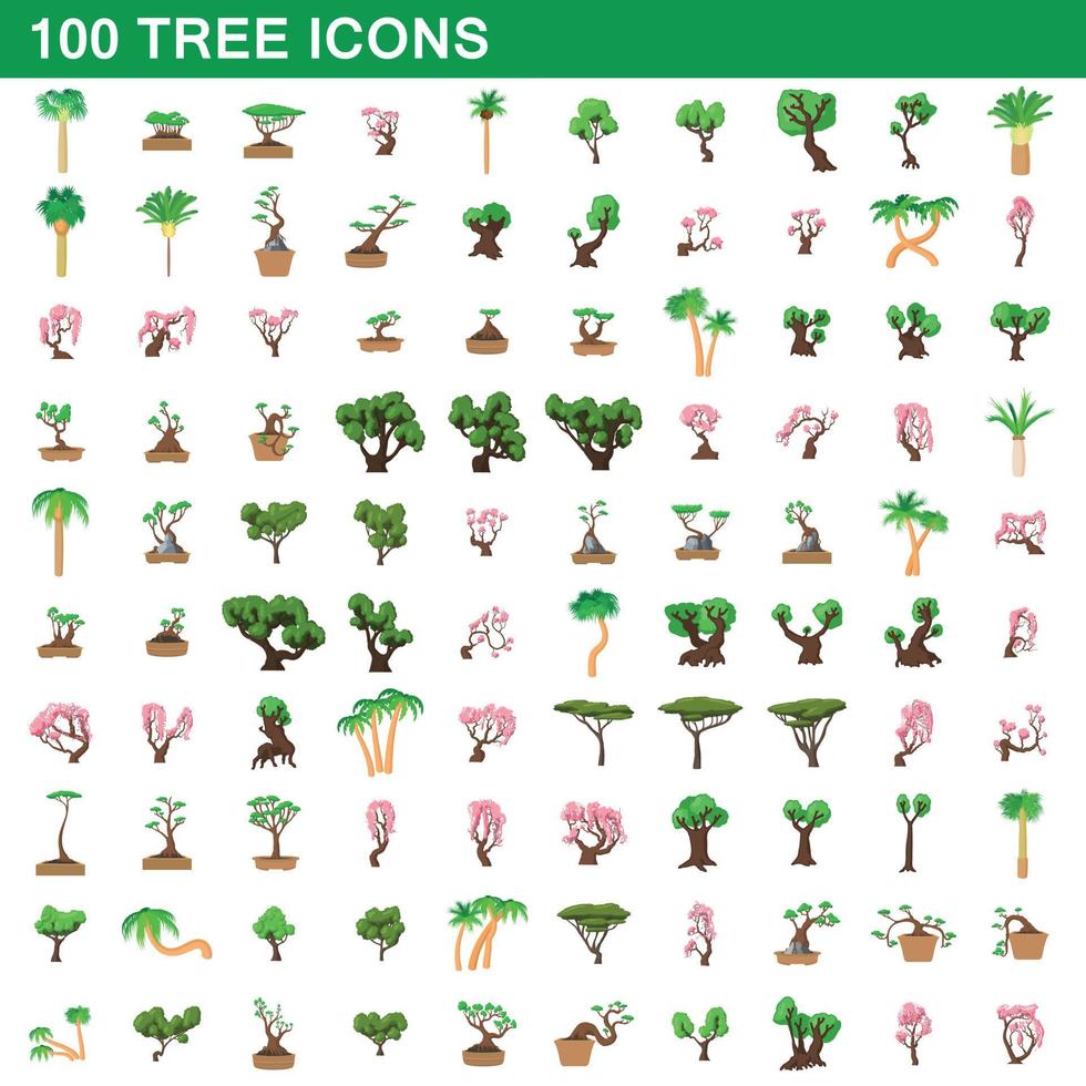 Ensemble de 100 icônes d'arbres, style dessin animé vecteur