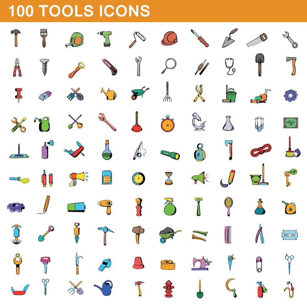 Ensemble d'icônes de 100 outils, style dessin animé vecteur