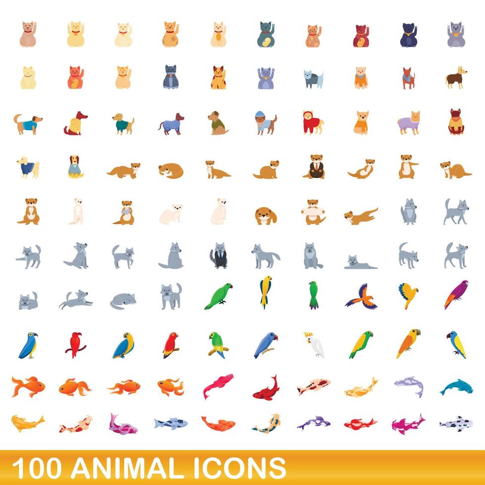 Ensemble de 100 icônes d'animaux, style dessin animé vecteur