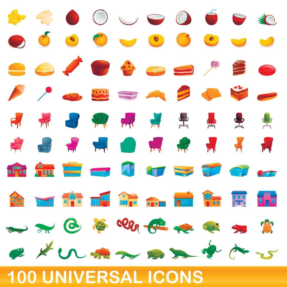 Ensemble de 100 icônes universelles, style dessin animé vecteur