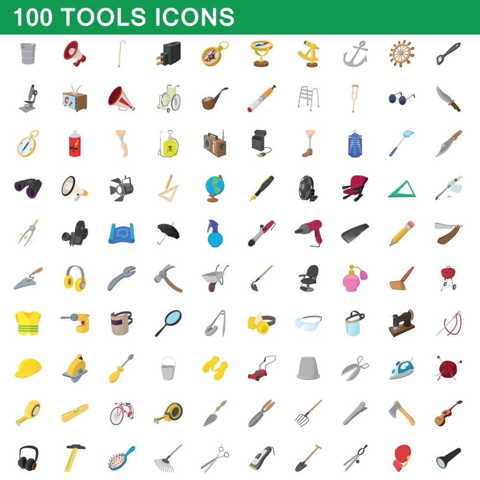 Ensemble d'icônes de 100 outils, style dessin animé vecteur