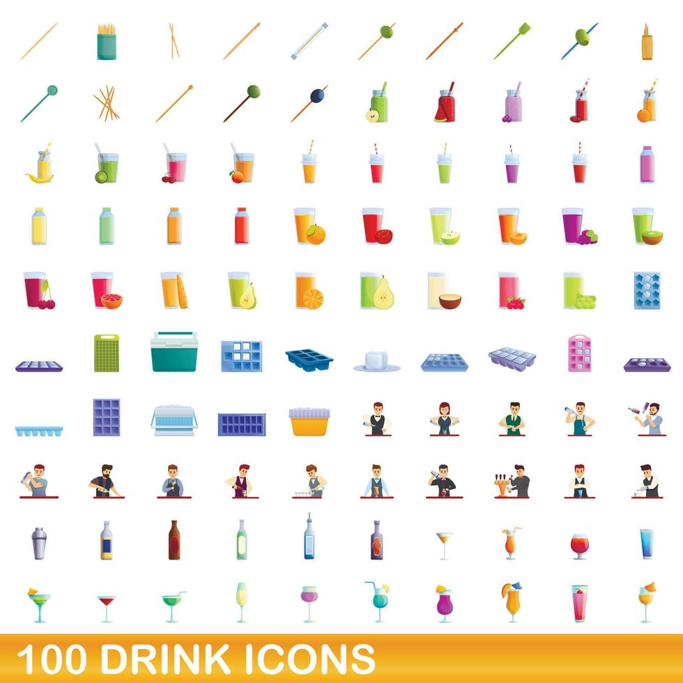 Ensemble de 100 icônes de boisson, style dessin animé vecteur