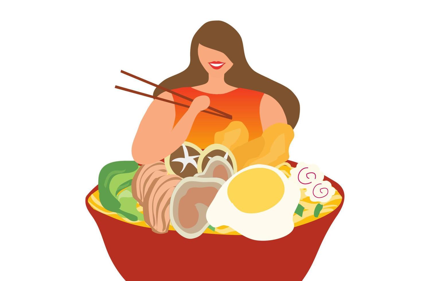 femme souriante mangeant une soupe de nouilles ramen japonaises bol nourriture isolé illustration vectorielle. fond de concept d'entreprise alimentaire vecteur