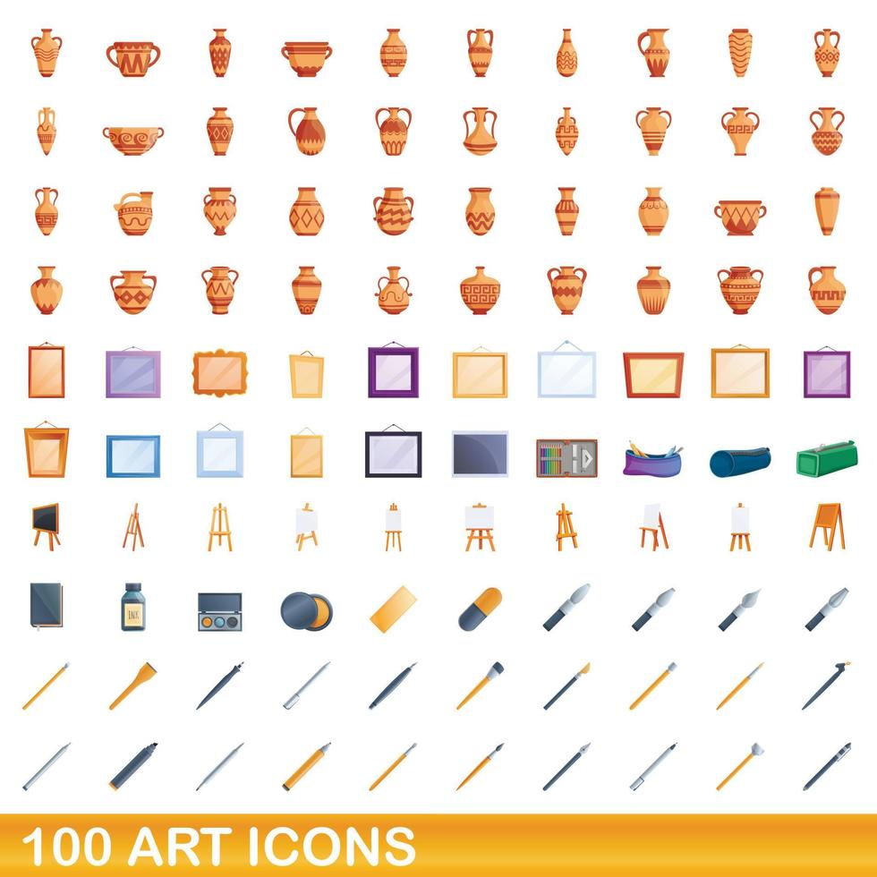 Ensemble de 100 icônes d'art, style dessin animé vecteur