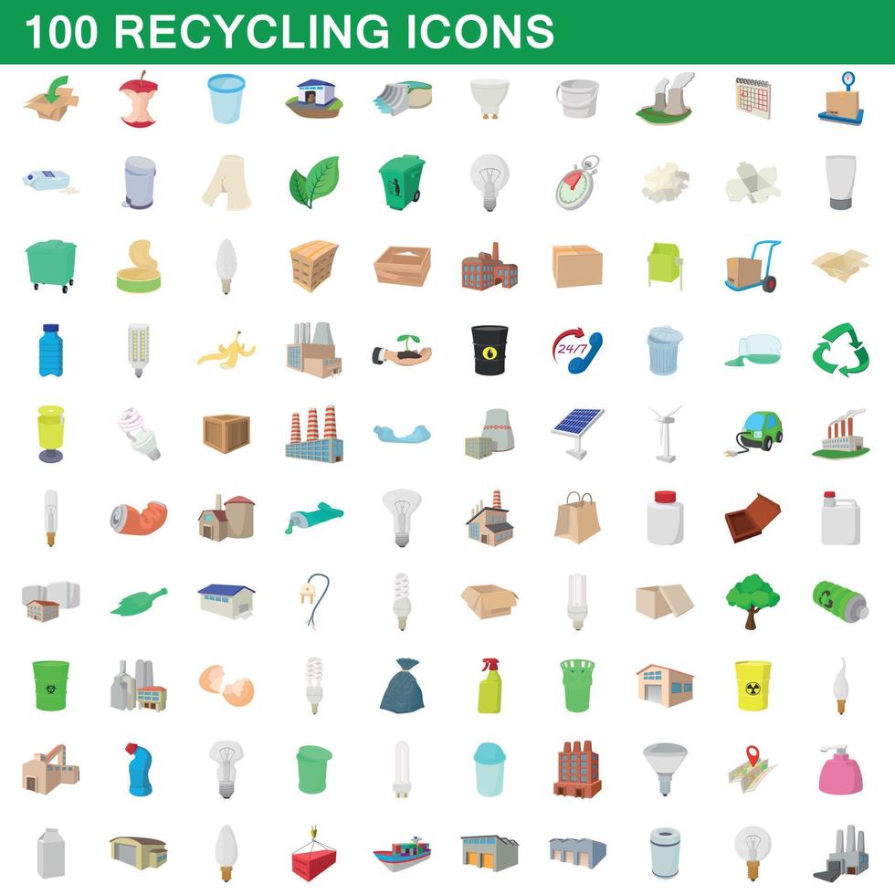 100 ensemble de recyclage, style dessin animé vecteur