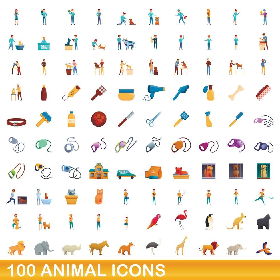 Ensemble de 100 icônes d'animaux, style dessin animé vecteur