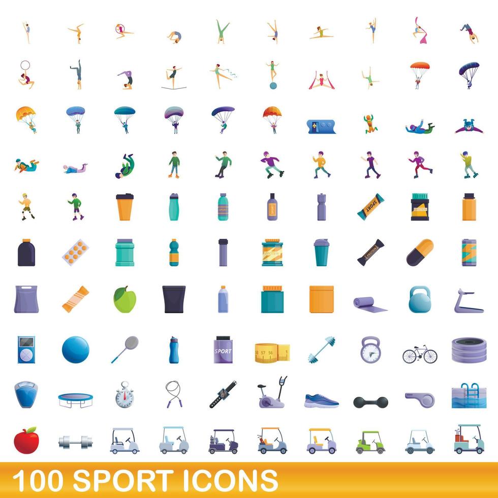 Ensemble de 100 icônes de sport, style cartoon vecteur