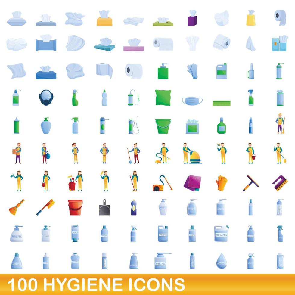 Ensemble de 100 icônes d'hygiène, style cartoon vecteur