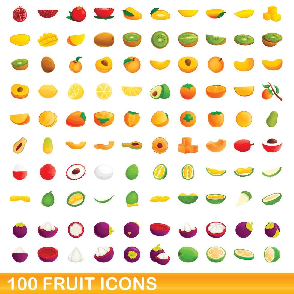 Ensemble de 100 icônes de fruits, style dessin animé vecteur