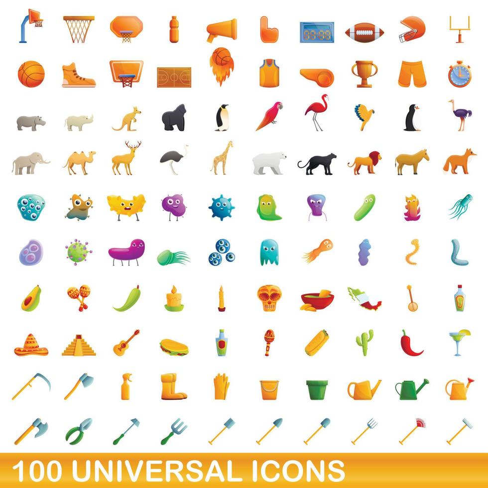 Ensemble de 100 icônes universelles, style dessin animé vecteur