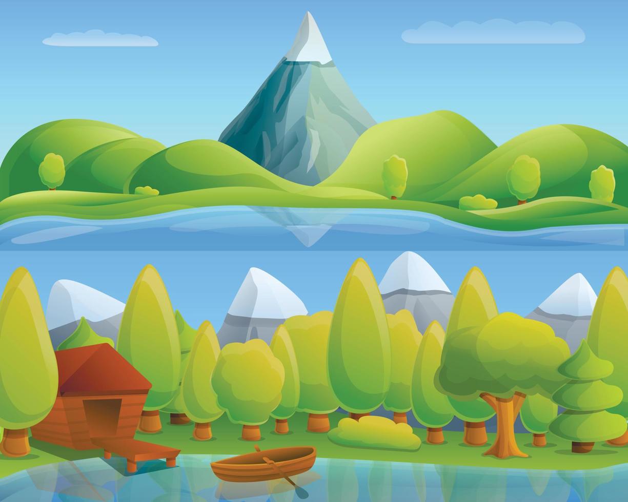 bannière de concept de lac de montagne, style cartoon vecteur