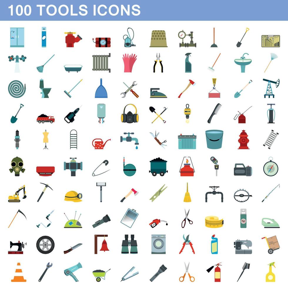 Ensemble de 100 icônes d'outils, style plat vecteur