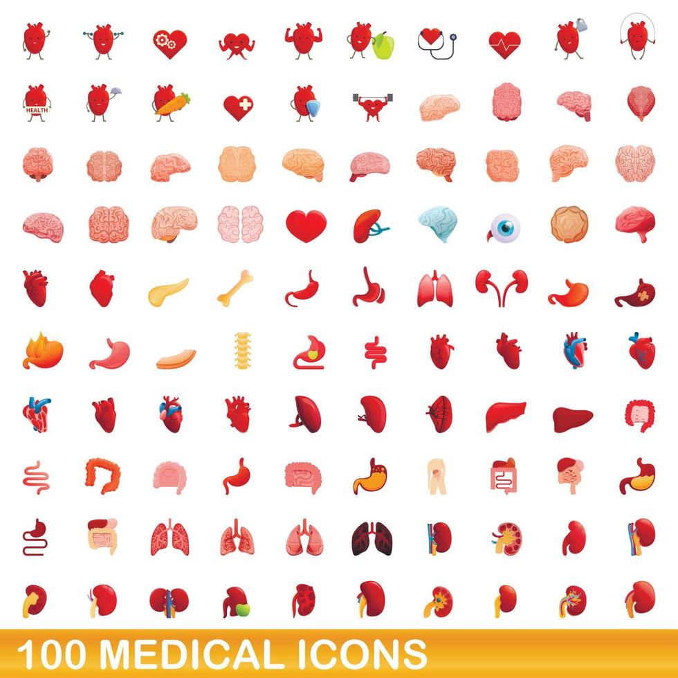 Ensemble de 100 icônes médicales, style cartoon vecteur