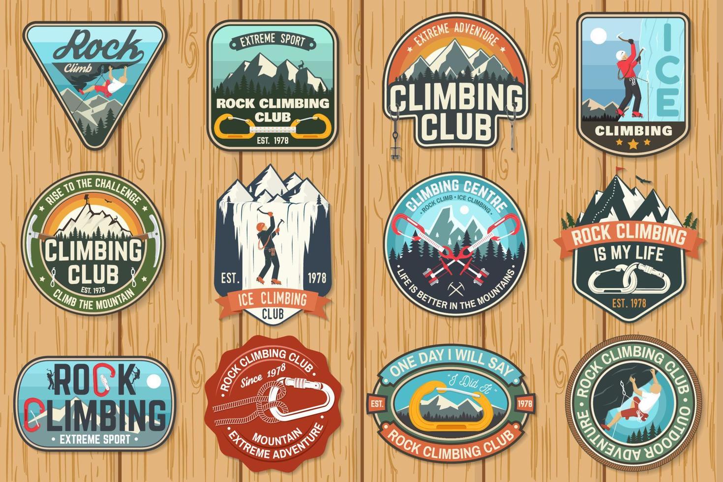 ensemble de badges de club d'escalade sur la planche de bois. vecteur. vecteur