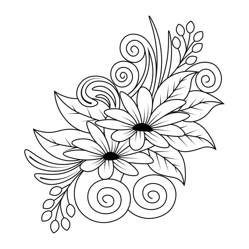 relaxation doodle dessin au trait fleur coloriage page sur fond noir et blanc vecteur