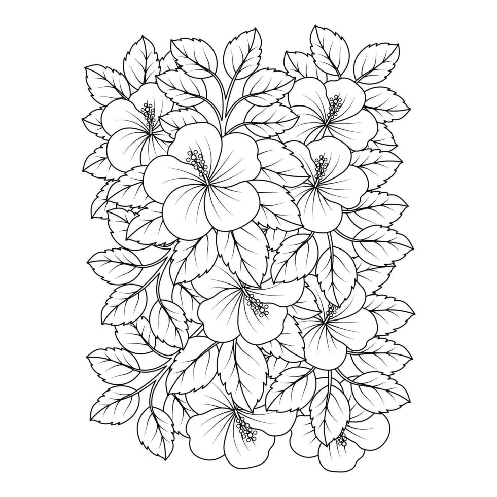 fleur d'hibiscus coloriage illustration avec trait d'art en ligne noir et blanc dessiné à la main vecteur