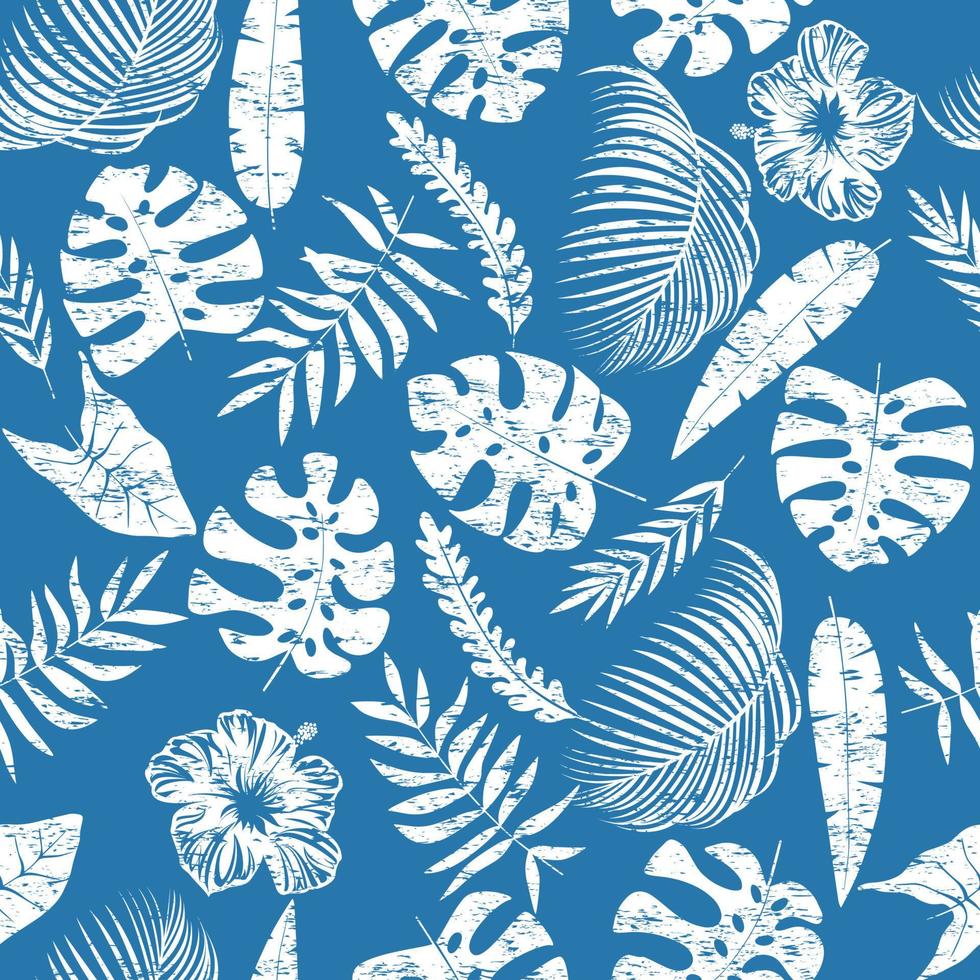 feuilles exotiques blanches avec des fleurs d'hibiscus sur fond bleu vecteur