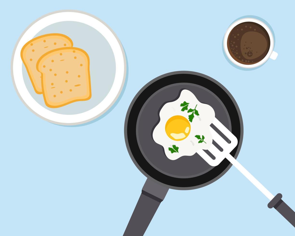 vue de dessus du pain et des œufs au plat et une tasse de café chaud. style de vecteur de dessin animé pour votre conception.