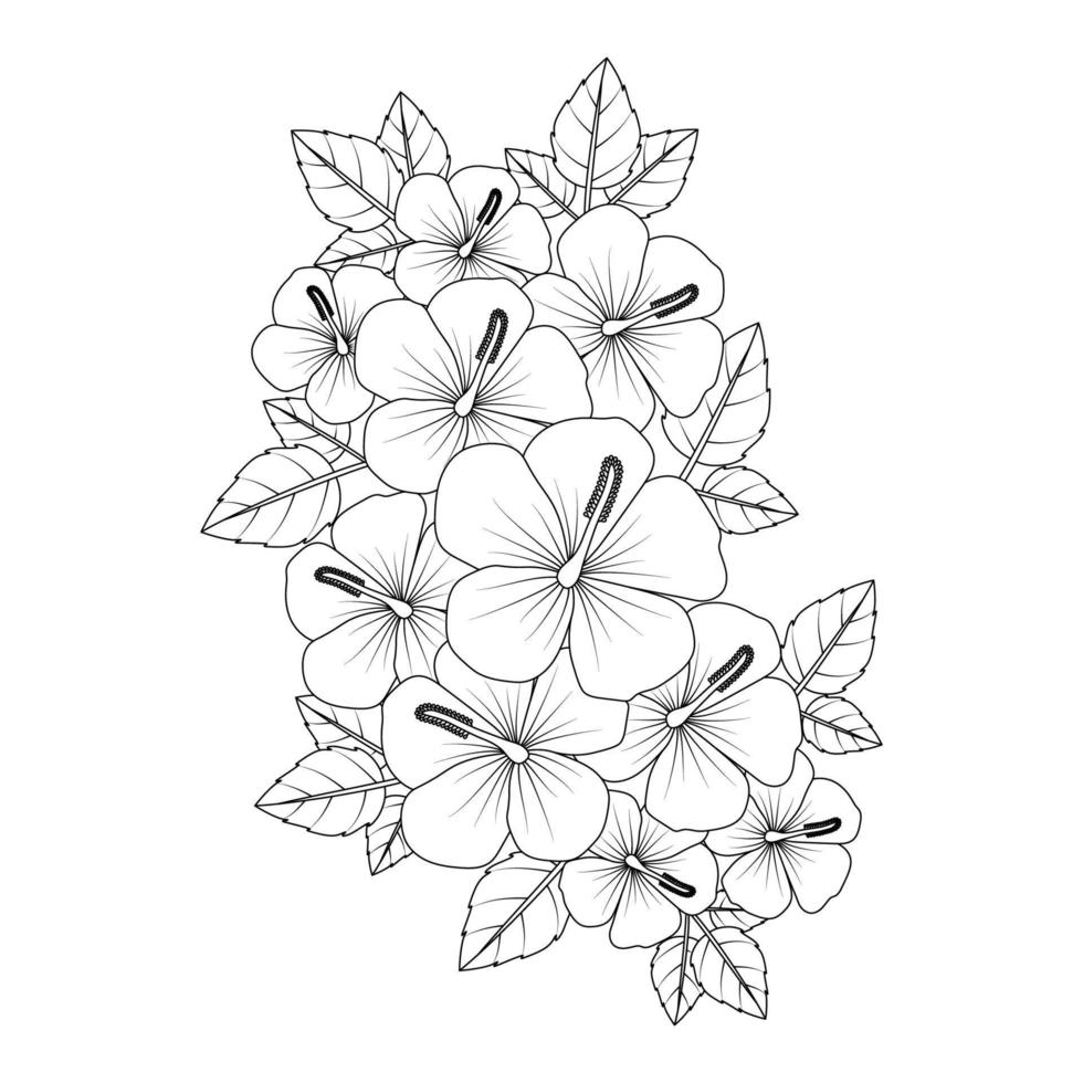 Doodle page de coloriage d'illustration de fleur d'hibiscus avec trait d'art en ligne vecteur