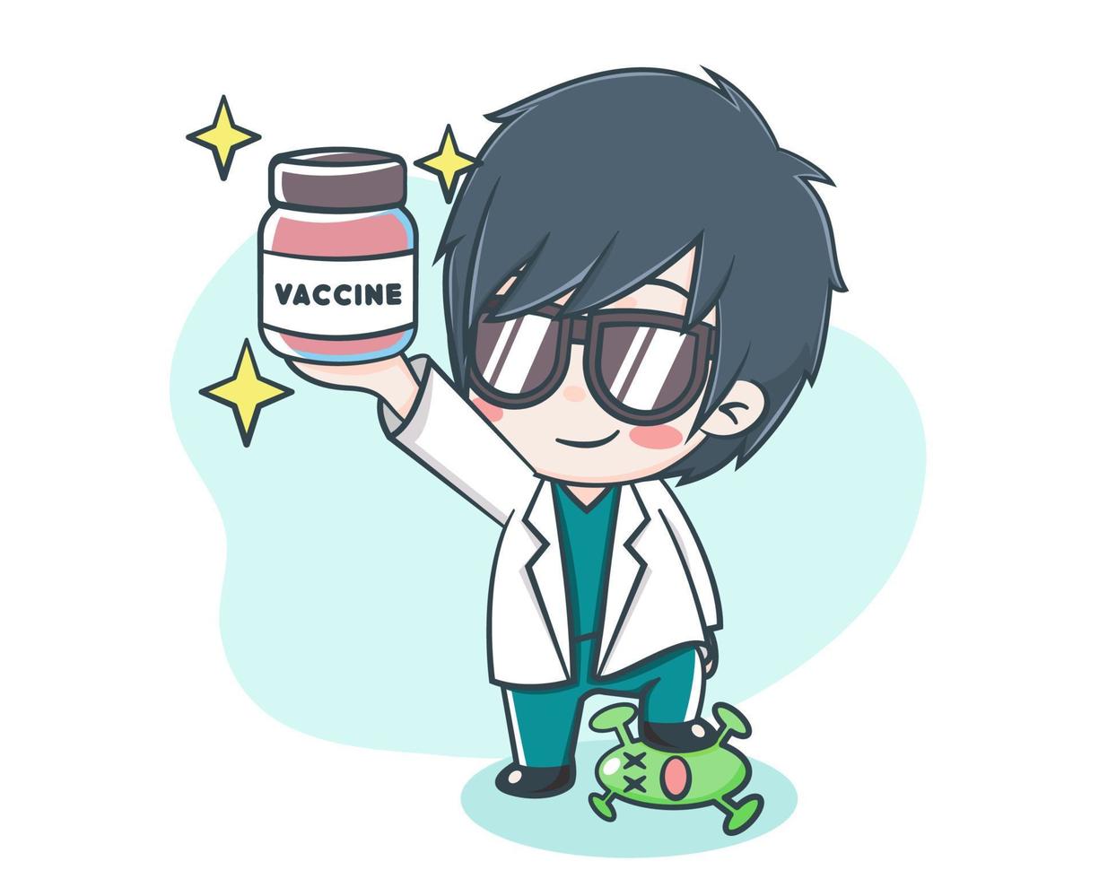 médecin de sexe masculin mignon tenant une illustration de dessin animé de vaccin vecteur