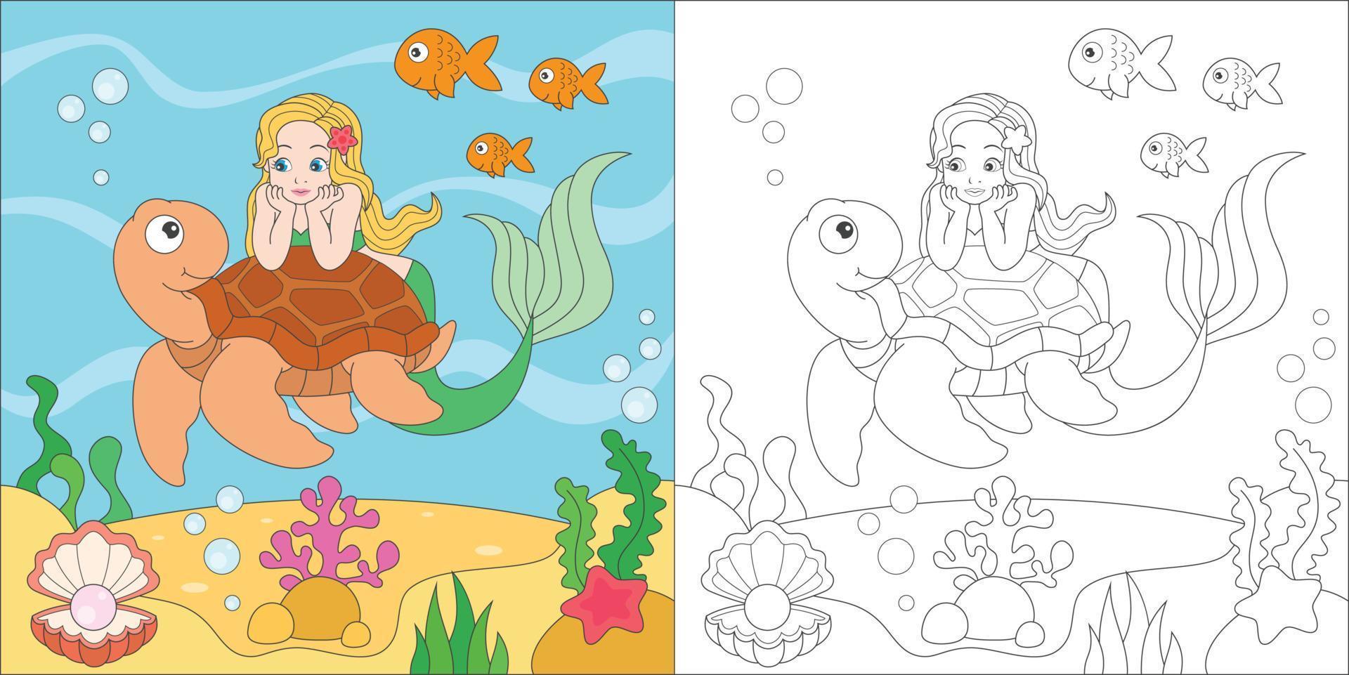 coloriage sirène et tortue vecteur