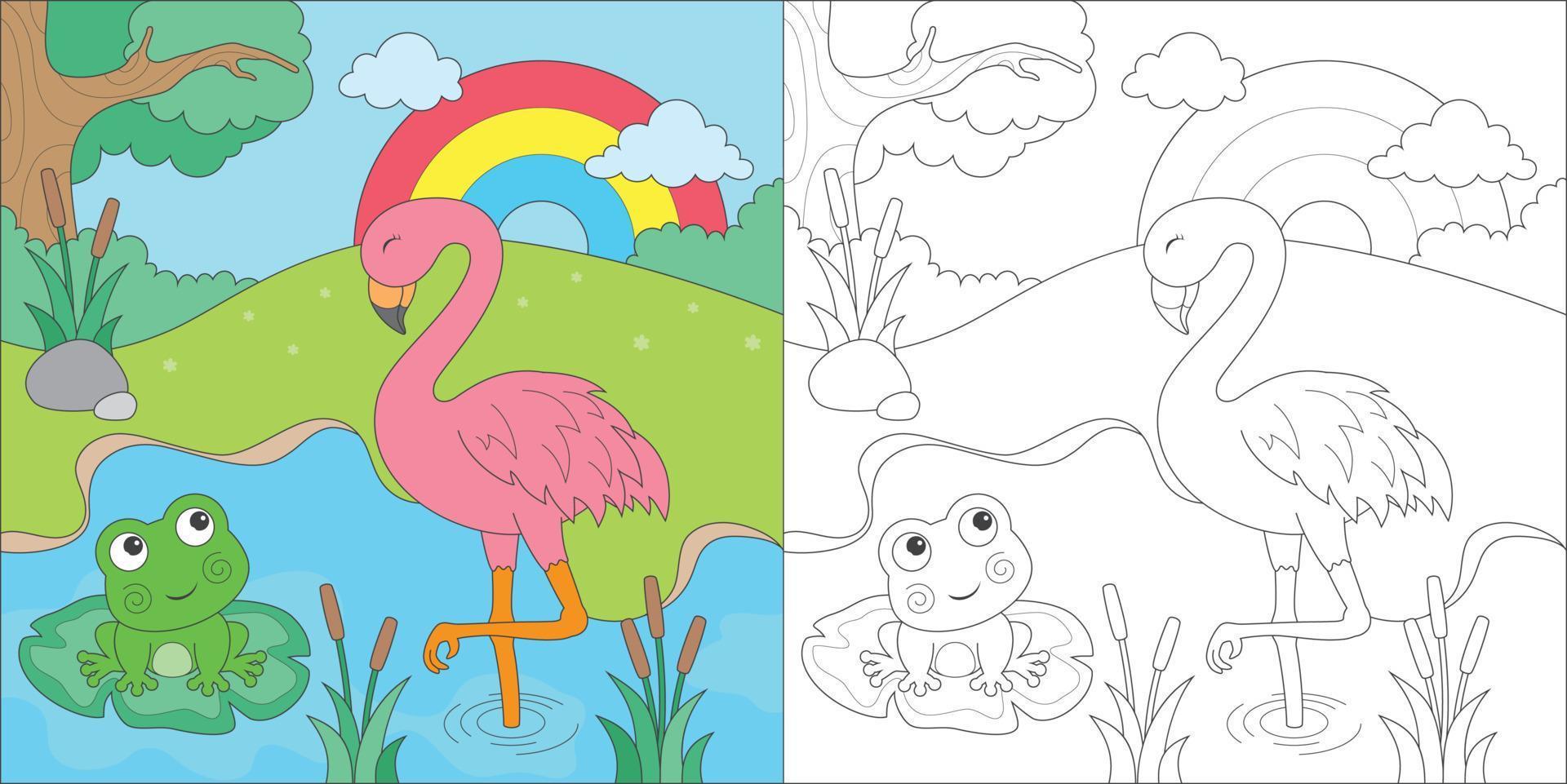 coloriage flamant rose et grenouille vecteur