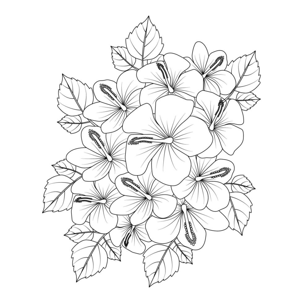 Doodle page de coloriage d'illustration de fleur d'hibiscus avec trait d'art en ligne vecteur