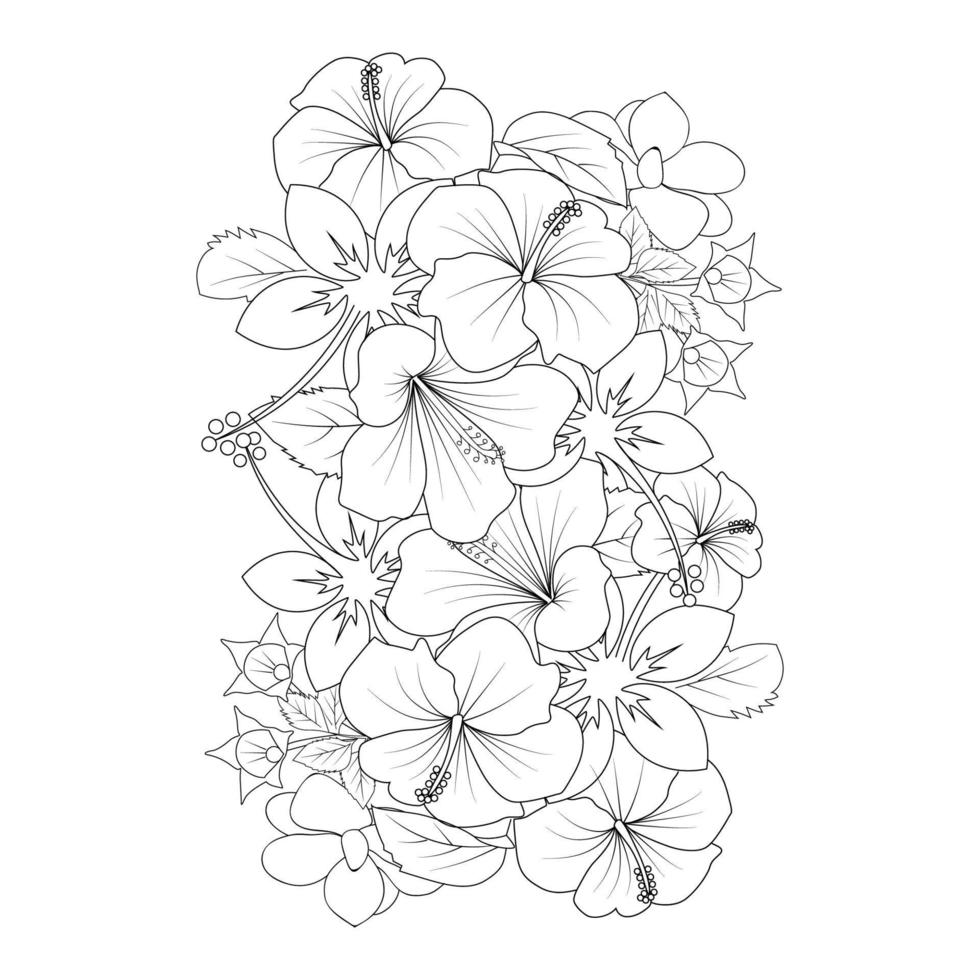 fleur d'hibiscus rouge coloriage dessin au trait avec modèle d'impression pour enfant et adulte vecteur