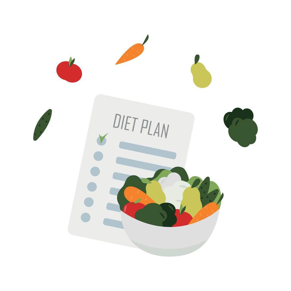 boîte de légumes et de fruits de dessin animé avec un planificateur de régime pour les nutritionnistes vecteur