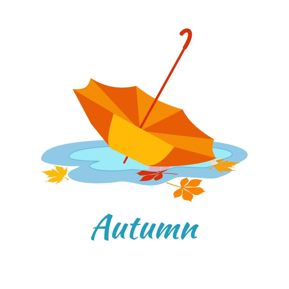 félicitations l'automne. illustrations vectorielles avec des images simples. bonjour l'automne. parapluie dans une flaque d'eau. signature automne. feuilles dans l'eau vecteur