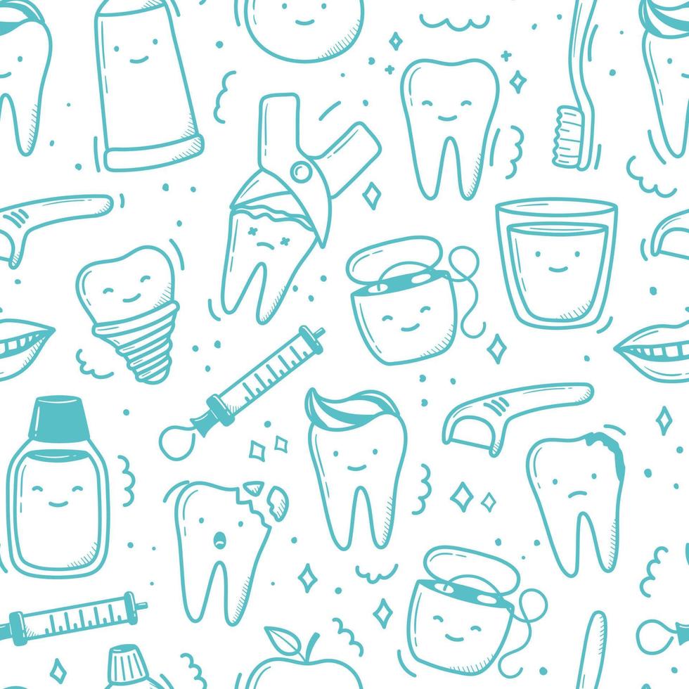 motif de dents kawaii dessiné à la main dans un style doodle. illustrations simples linéaires mignonnes. vecteur